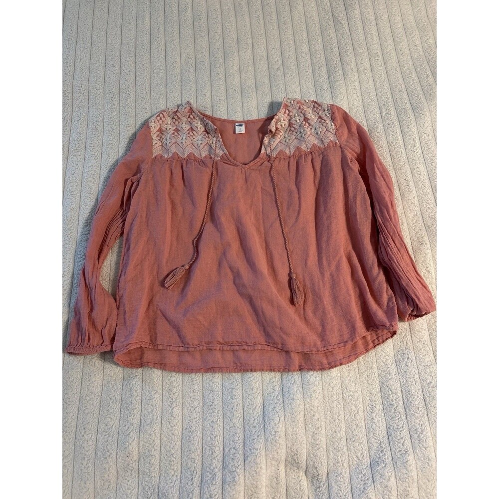 Old Navy Boho Long Sleeve Shirt Womens Small Dusty Rose Boho Embroidery Tassels